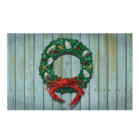 Coastal Holiday Crab Wreath, Large Flag, 56 x 34.5" with 2 grommets