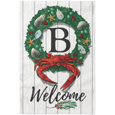 Holiday Coastal Wreath Crab "Welcome" Design, Monogramed Garden Flags