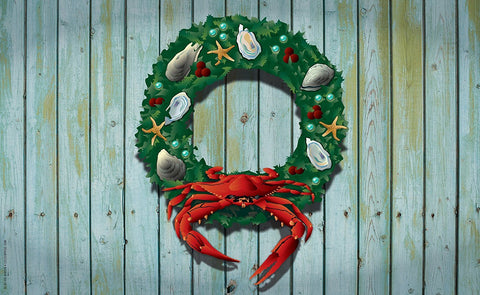 Coastal Holiday Crab Wreath Door Mat by Joe Barsin, 30x18