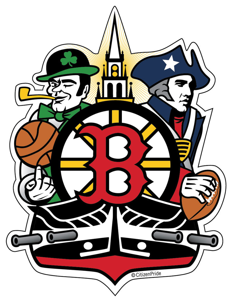 Boston Sports Fan Crest, sticker decal die cut vinyl, 4.2x5.5