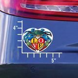 Size chart for Blue Crab LOVE Crest Die Cut Sticker, 5 x 4"