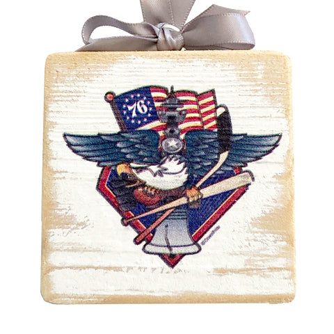 Fly, Philly, Fly! Sports Fan Crest, Wooden 3x3" Holiday Ornament with Satin Ribbon