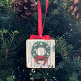 Coastal Holiday Crab Wreath, Wooden 3x3" Holiday Ornament with Satin Ribbon