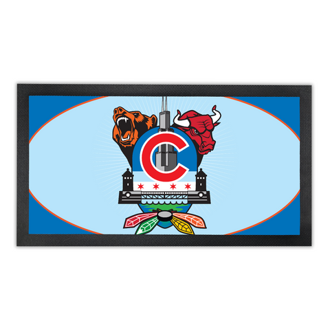 Chicago Sports Fan Crest, Bar Runner Mat, Rubber Base, 18 x 10”