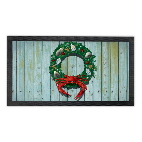 Coastal Holiday Crab Wreath, Bar Runner Mat, Rubber Base, 18 x 10”
