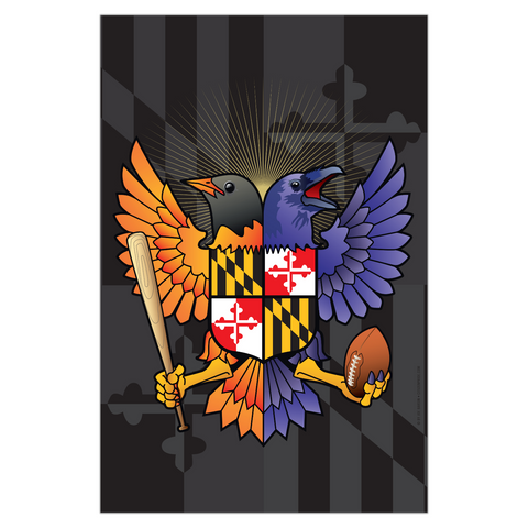 Birdland Baltimore Raven and Oriole Maryland Crest Garden Flag, Dark, 12x18