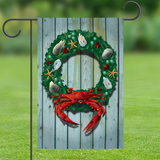 Coastal Holiday Crab Wreath Garden Flag by Joe Barsin, 12x18 on stand