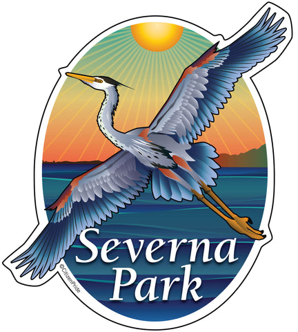 "Severna Park" Blue Heron Crest, sticker decal die cut vinyl, 4x4.5