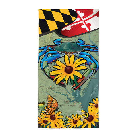 Maryland Blue Crab Black-Eyed Susan Towel by Joe Barsin, vertical 30x60"