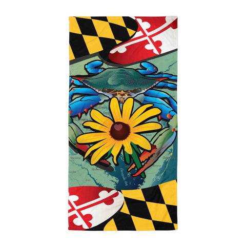 Maryland Blue Crab Black-Eyed Susan Towel by Joe Barsin, V2, vertical 30x60"