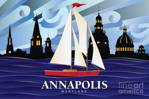 Annapolis Skyline Red Sail Boat - Art Print