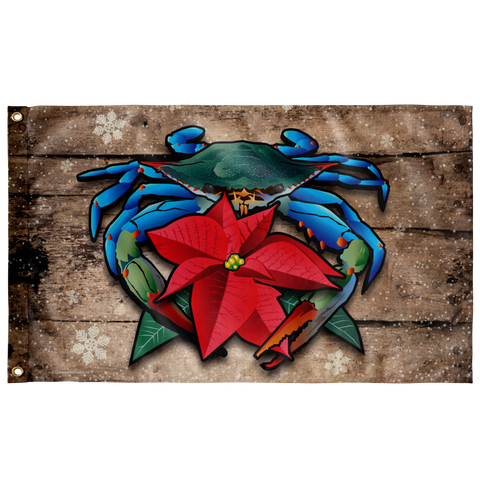 Coastal Blue Crab Poinsettia Holiday, Large Flag, 60 x 36" with 2 grommets