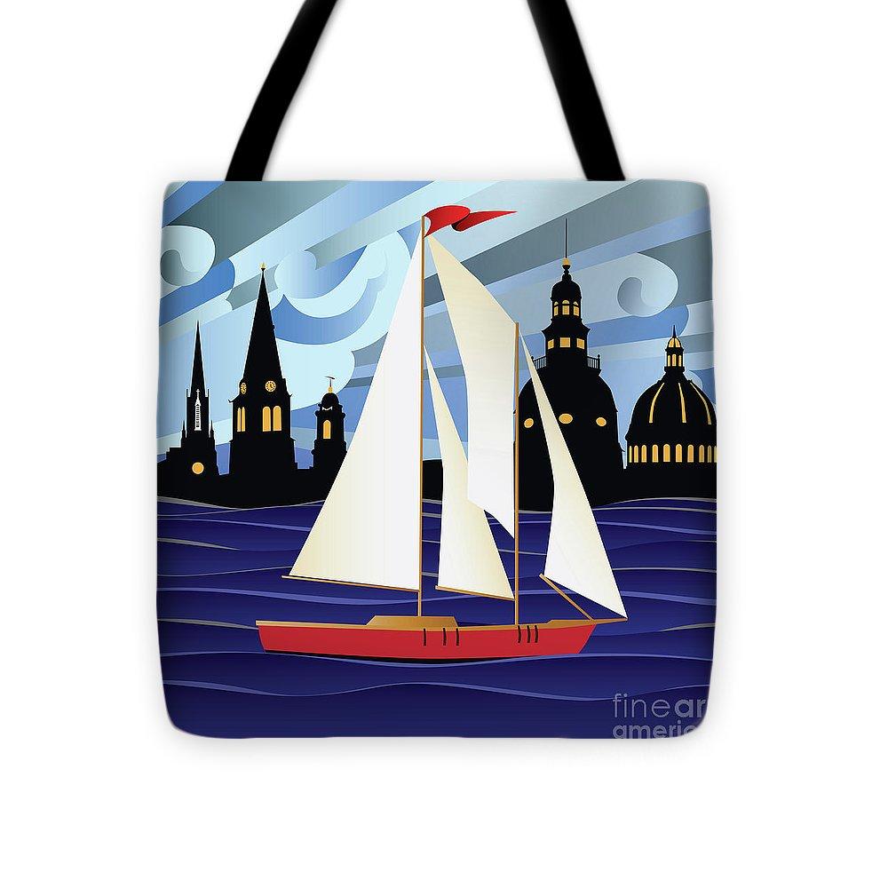 Annapolis Skyline Red Sail Boat Tote Bag