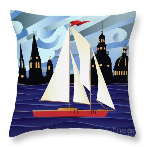 Annapolis Skyline Red Sail Boat - Throw Pillow