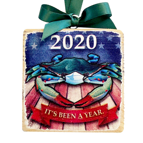 2020 USA Blue Crab w/ Face Mask, Wooden 3x3" Holiday Ornament with Green Ribbon