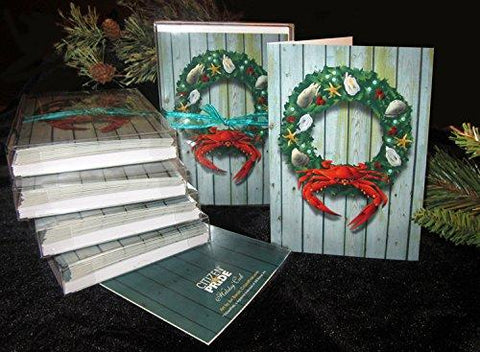 Coastal Holiday Crab Wreath Card Pack of 10, Art by Joe Barsin