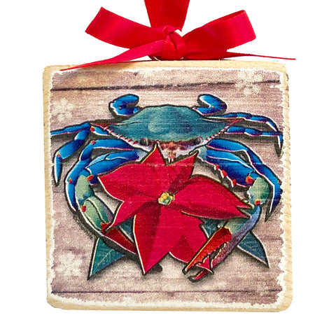 Coastal Blue Crab Poinsettia, Wooden 3x3" Holiday Ornament with Satin Ribbon