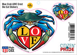 Blue Crab LOVE Crest Die Cut Stickers, 5x4" & 2x1.7"