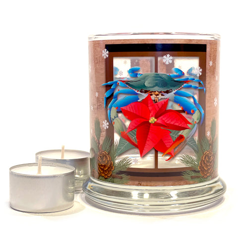 Candle Holder, Blue Crab Poinsettia, with 2 Tealight Candles
