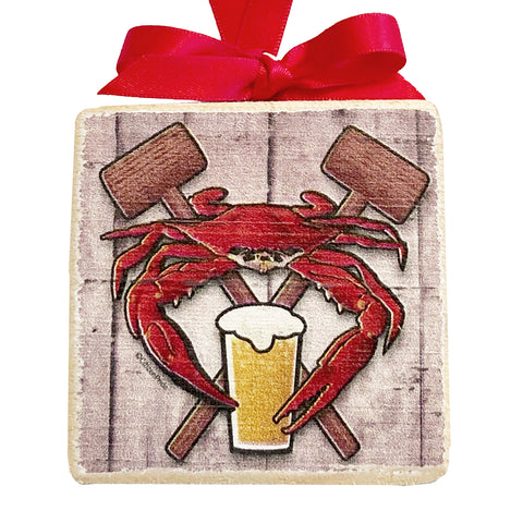 Coastal Red Crab Feast Crest, Wooden 3x3" Holiday Ornament with Satin Ribbon