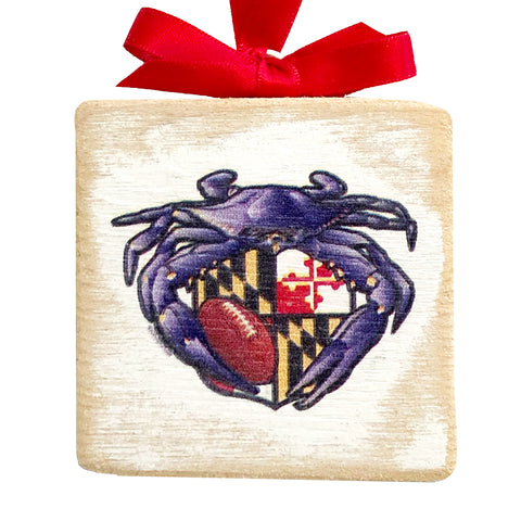 Raven Crab Football Maryland Crest, Wooden 3x3" Holiday Ornament with Satin Ribbon