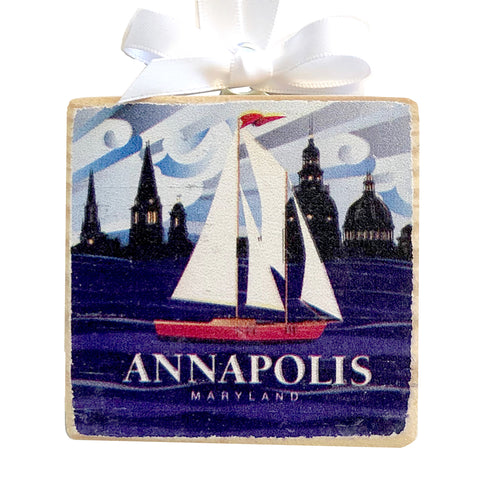 Annapolis Red Sailboat Coastal Wooden 3x3" Holiday Ornament with Satin Ribbon