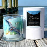 Luxury Soy Candle, Sea Salt & Orchid Fragrance, Hand Poured/Hand Labeled, Housed in Gift Packaging.