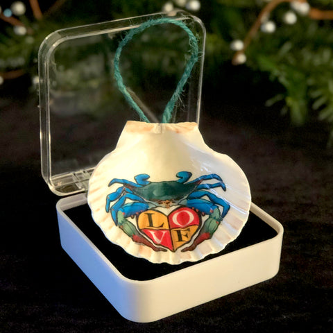 Coastal Blue Crab “LOVE" 3.5" Shell Ornament within Gift Box