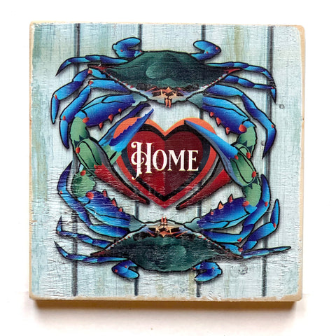 "Home", Blue Crabs, Wood Plaque - Rustic, 10 x 10 x .75"