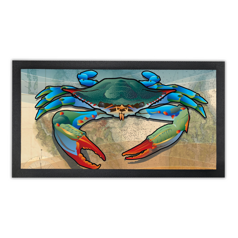Coastal Blue Crab, Bar Runner Mat, Rubber Base, 18 x 10”