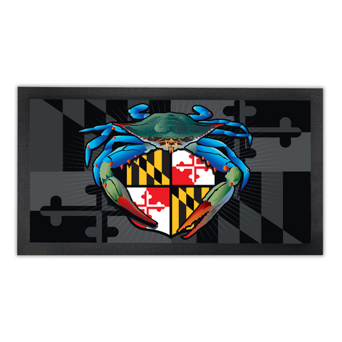 Blue Crab Maryland Crest, Bar Runner Mat, Rubber Base, 18 x 10”