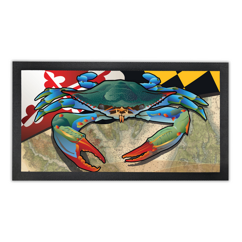 Maryland Blue Crab, Bar Runner Mat, Rubber Base, 18 x 10”