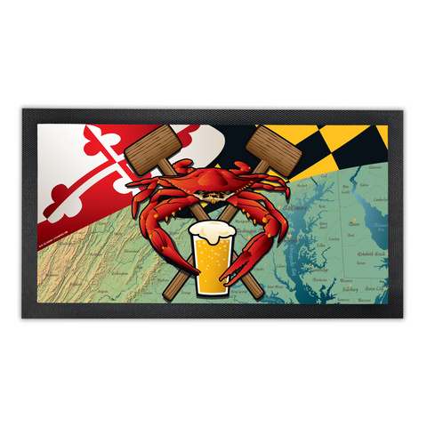 Maryland Crab Feast Crest, Bar Runner Mat, Rubber Base, 18 x 10”