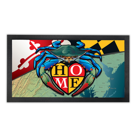 Maryland Blue Crab "Home" Crest, Bar Runner Mat, Rubber Base, 18 x 10”