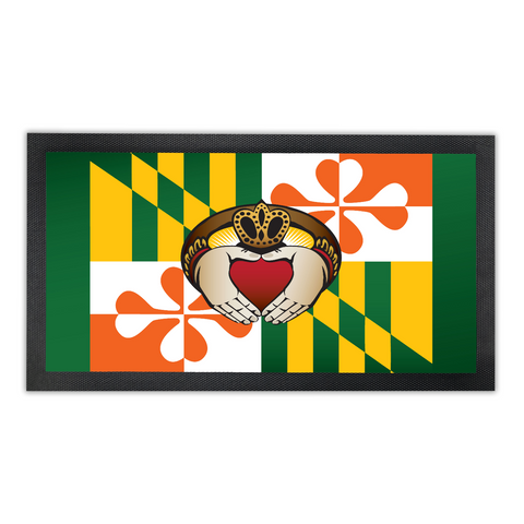 Maryland flag Irish Claddagh, Bar Runner Mat, Rubber Base, 18 x 10”