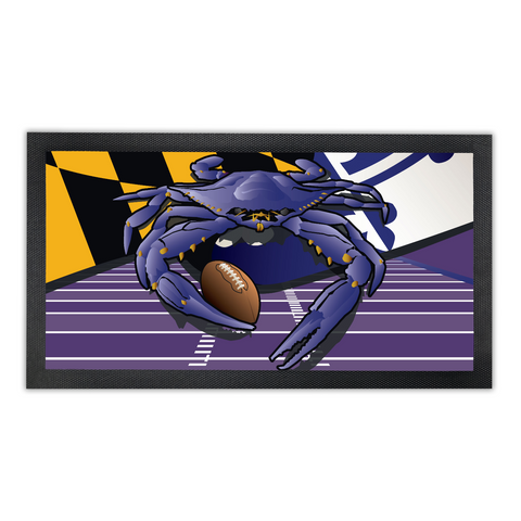 Ravens Sports Crab of Baltimore, Bar Runner Mat, Rubber Base, 18 x 10”