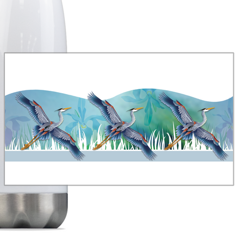 Coastal Blue Heron & Orchid, Steel Slim Neck Bottle 18oz
