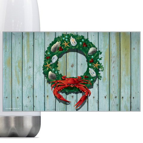 Coastal Holiday Crab Wreath, Steel Slim Neck Bottle 18oz