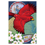 Virginia Cardinal in Flight with Dogwood Flowers, Garden Flag, 12x18
