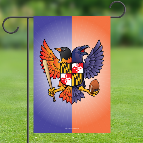 Birdland Baltimore Raven and Oriole Maryland Shield Garden Flag, 12x18 on stand