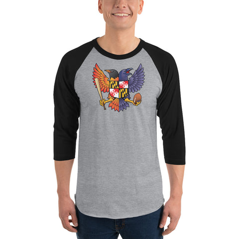 Birdland Baltimore Raven & Oriole Maryland Crest - Unisex 3/4 sleeve raglan shirt