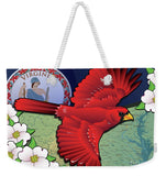 Virginia Cardinal In Flight With Dogwood Flowers - Weekender Tote Bag