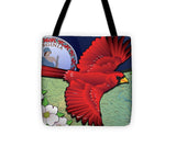 Virginia Cardinal In Flight With Dogwood Flowers - Tote Bag